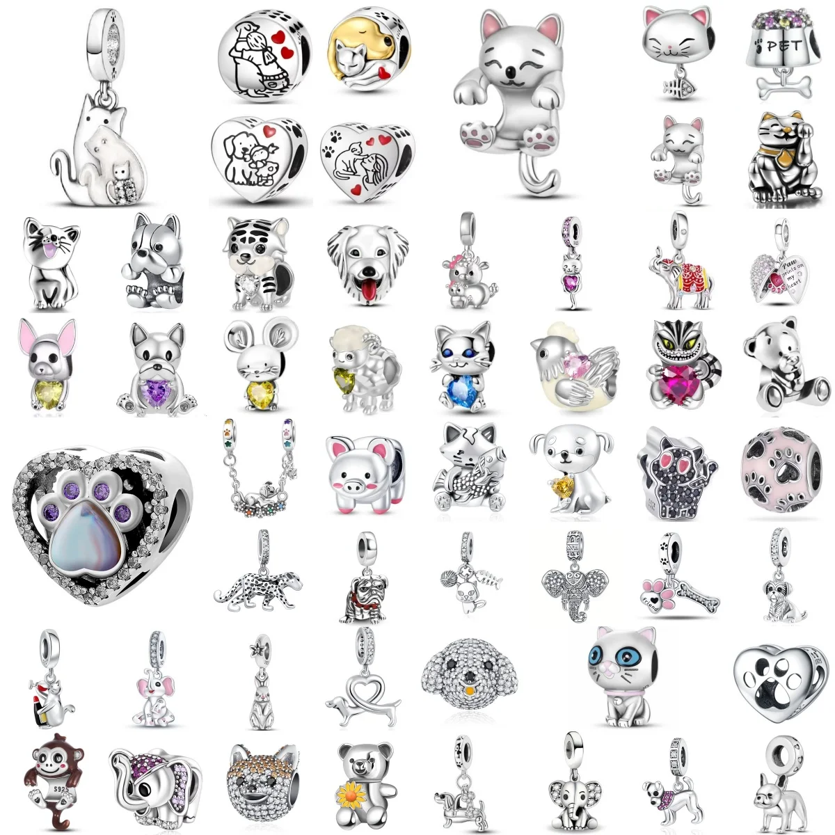 925 Silver Sparkling Zircon Animal Mouse, Cat Dog, Elephant, Monkey Pendant Cute Pet Bracelet Accessories Women's Birthday Gift