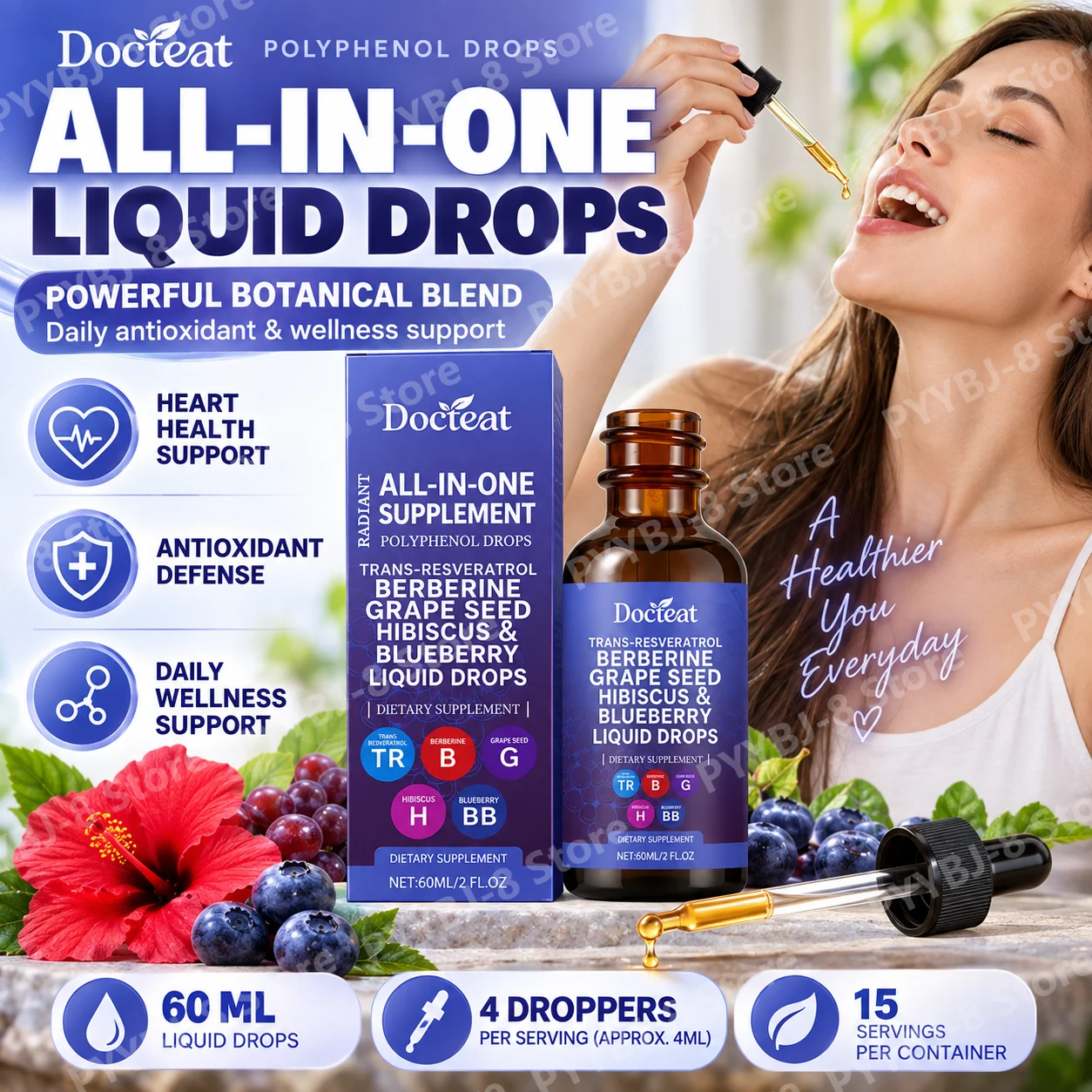 Docteat Skin Support Drops for Radiance with Japanese Knotweed, Olive Leaf, Quercetin, Grape & Cranberry Extracts, 60 Ml