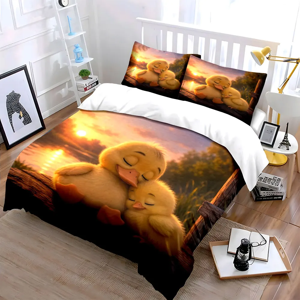 Cozy Ducklings Snuggling at Sunset Bedding Set for Kids Luxury Gift 3pcs Digital Print Comforter Set Soft Comfortable