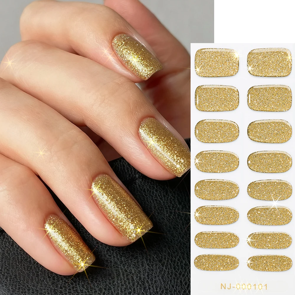 16팁 세미큐어드 젤 네일 스티커 순색/글리터 UV/LED 램프 젤 네일 폴리쉬 랩 롱래스팅 풀커버 네일 데칼 패치