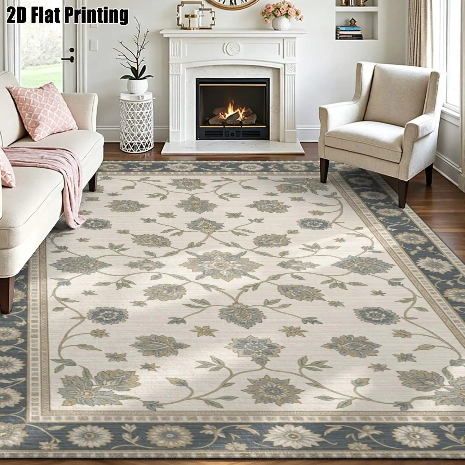 1Pc 2D Printed Carpet: Blue-Grey Floral & Vine Patterns, European/Vintage/Modern Minimalist Designs Home Decor, Multi-Size, Machine Washable, for Entryway, Living Room, Bedroom, Dining Room, Foyer.