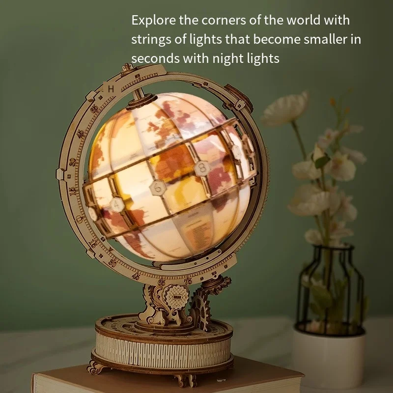 Wooden Globe 3D Puzzle Wood Craft Ornament  With Light Wooden Constructor Model Building Block For Birthday Gift for Kids