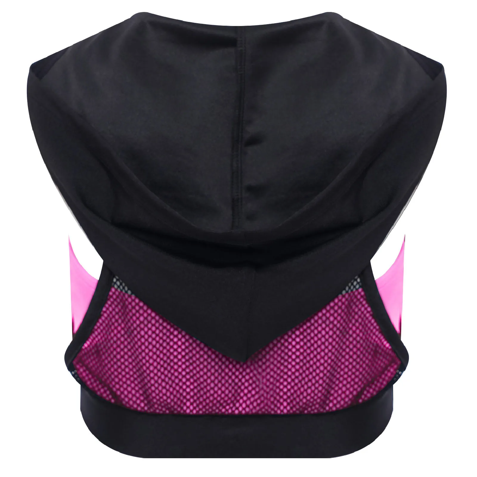 

2025 Kids Girl Color Block Fitness Gym Yoga Sports Crop Top Sleeveless Hoodie Hollow Out Mesh Hooded Vest with Built-in Camisole