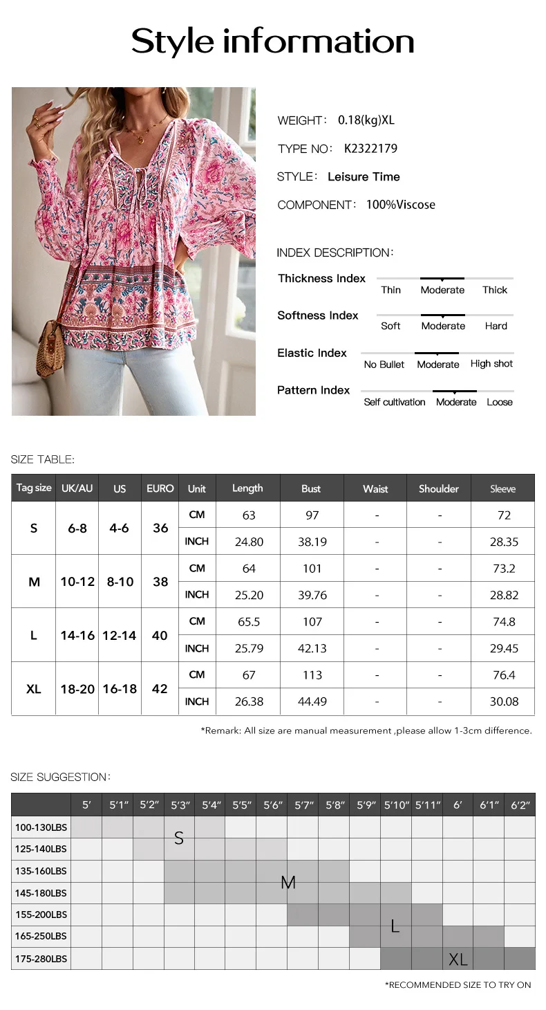 Sommerliche Damen-Chiffonbluse mit Print, elegantes V-Ausschnitt-Langarmshirt, ungeöffnete Vorderseite, Freizeitbluse – Detail 1