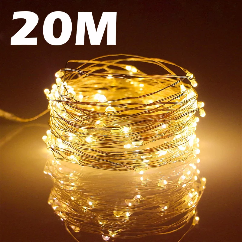 Bajkowe oświetlenie Led z drutu miedzianego USB 20M 200LED świąteczna girlanda lampa zewnętrzna na choinkę dekoracja weselna