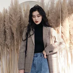 Blazer a cuadros de moda coreana para mujer, Blazer informal elegante con un solo botón, traje de oficina, ropa Formal de trabajo para mujer, novedad de 2024