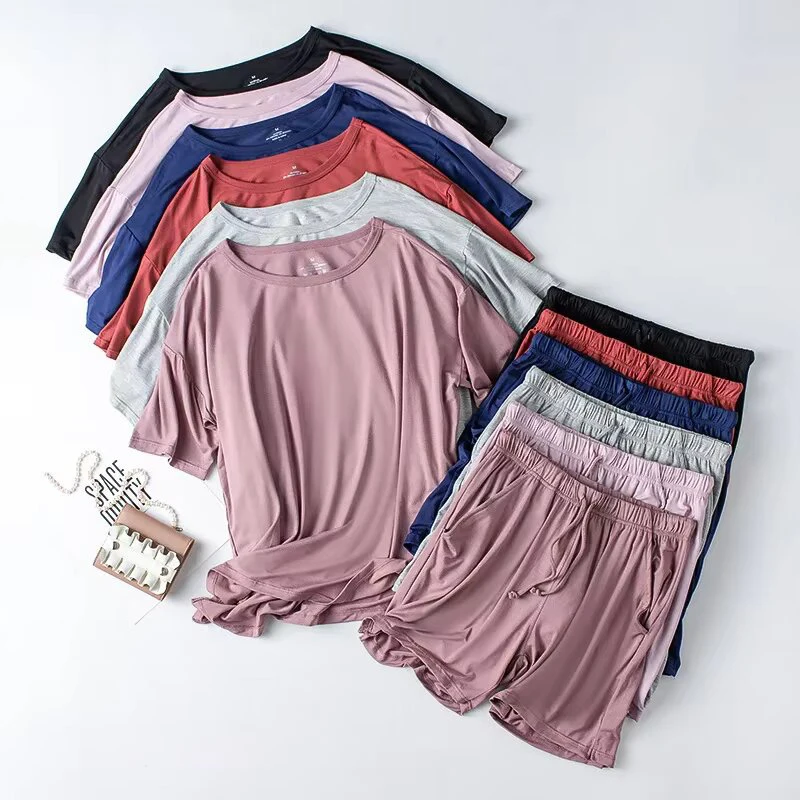 2026 Summer New Pajama Set Women's Modal Short Sleeve Shorts Two Piece Set Ladies Solid Loose Large T-shirt Homewear Women Shirt