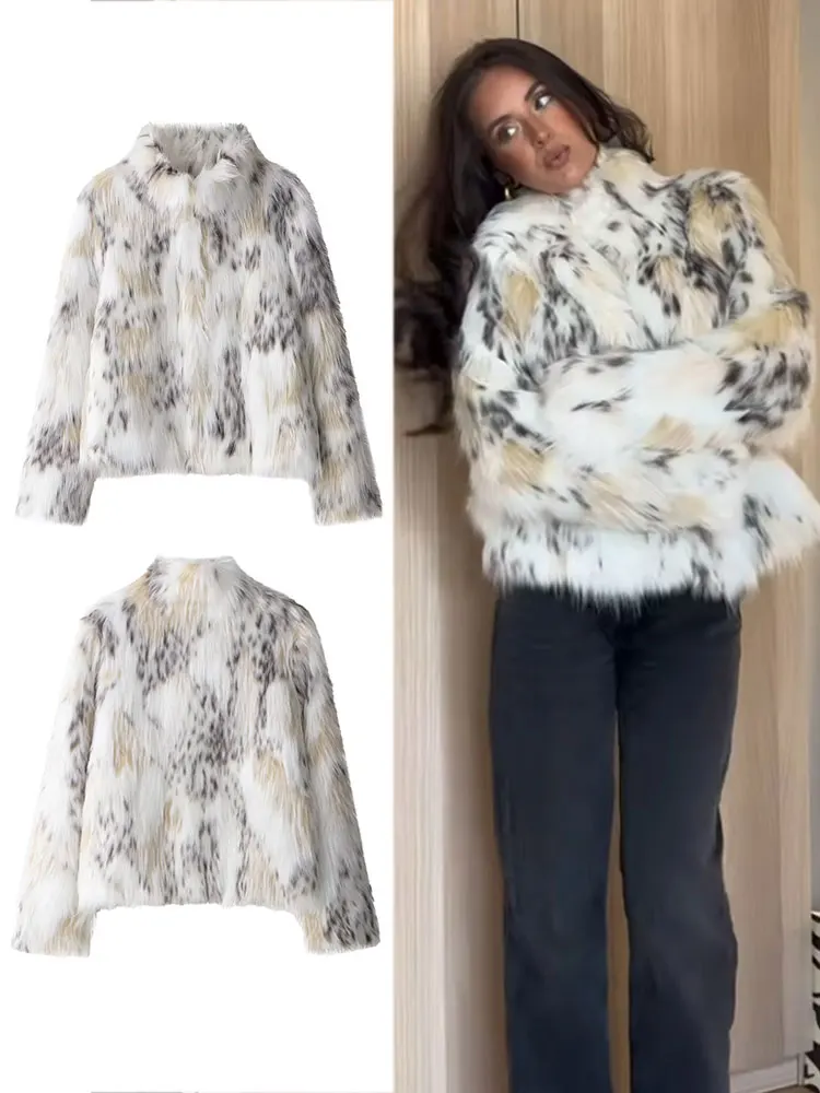 

HH осеннее женское модное пальто из искусственного меха с принтом, водолазка, куртка с длинными рукавами, зимняя женская повседневная толстая теплая верхняя одежда