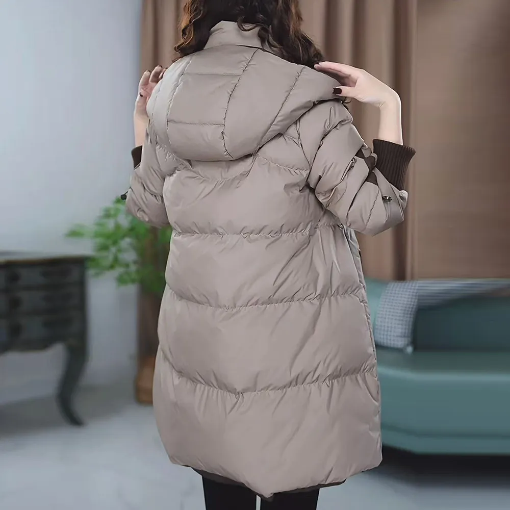 Women Mid‑Length Puffer Coat With Scarf Hooded New Down cotton Loose Winter Parka Thick Warm Windproof Casual Outerwear Ladies
