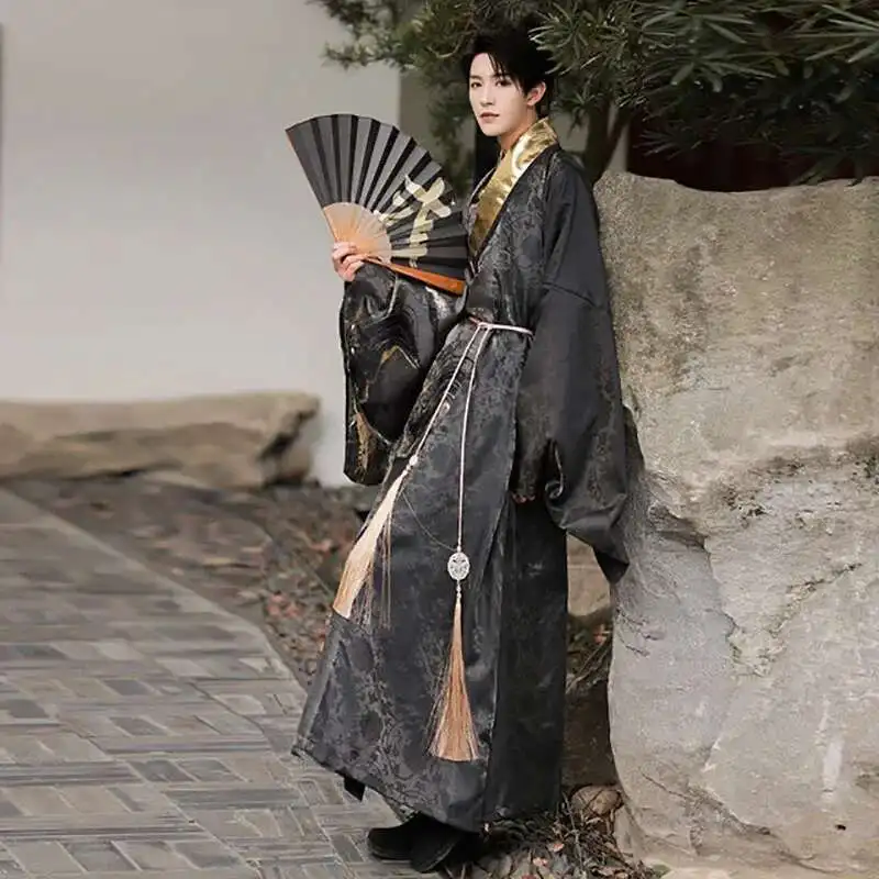 

China Costume Hanfu Men Clothing Traditional Robe Stage Cosplay Chinese Ming Dynasty Robe National Hanfu Black Gold Ancient