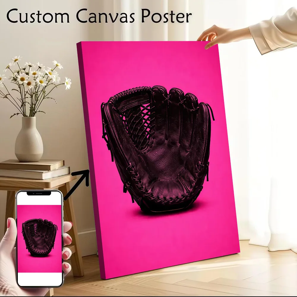 Black Baseball Glove on Pink Background Canvas Poster Wall Art Customizable High Quality Printed Picture for Gamer Decoration