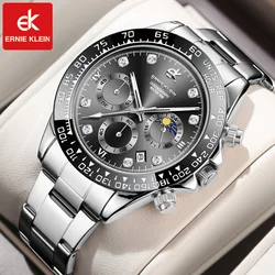 ERNIE KLEIN Watch for Men Gold Stainless Steel Luminous Waterproof Luxury Multifunction Analog Chronograph Moon Quartz Watch