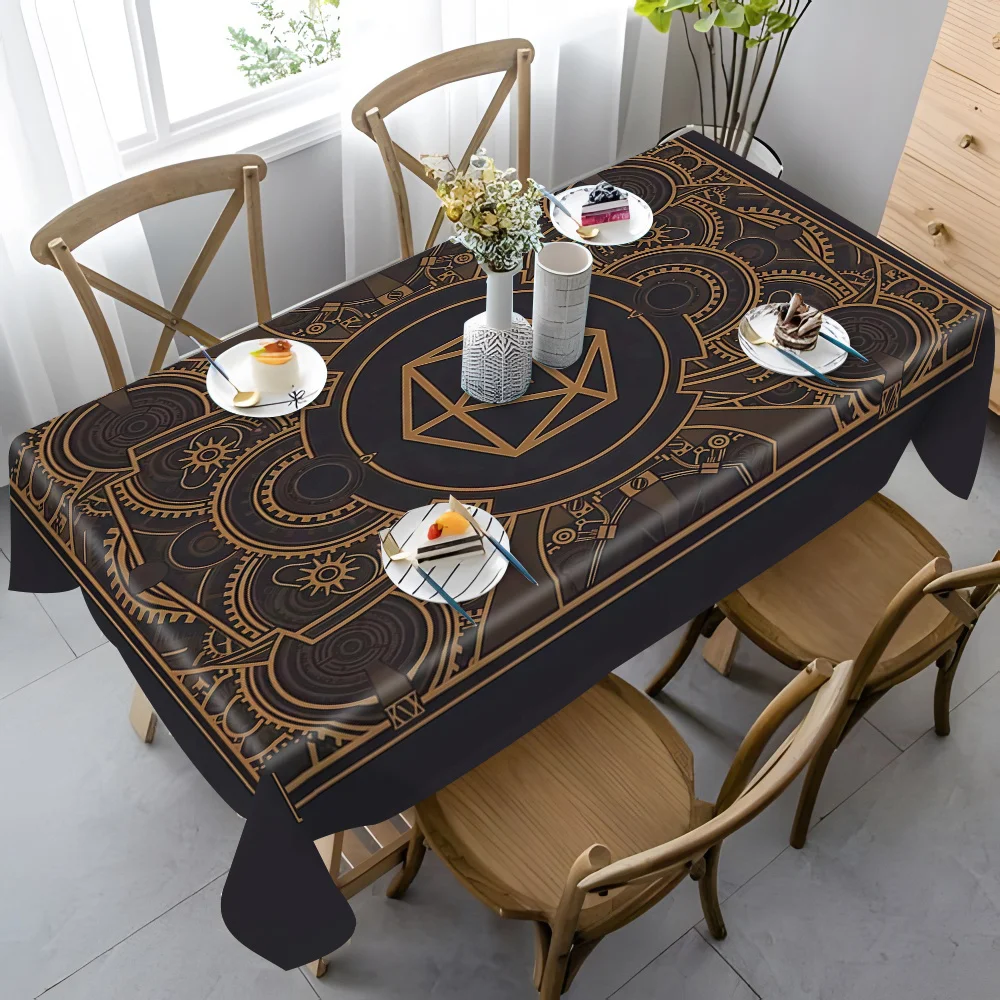 Steampunk Black Golden Gear Pattern Tablecloth - Rectangular Polyester Table Cover for Dining Room, Parties, Home Decor view 3