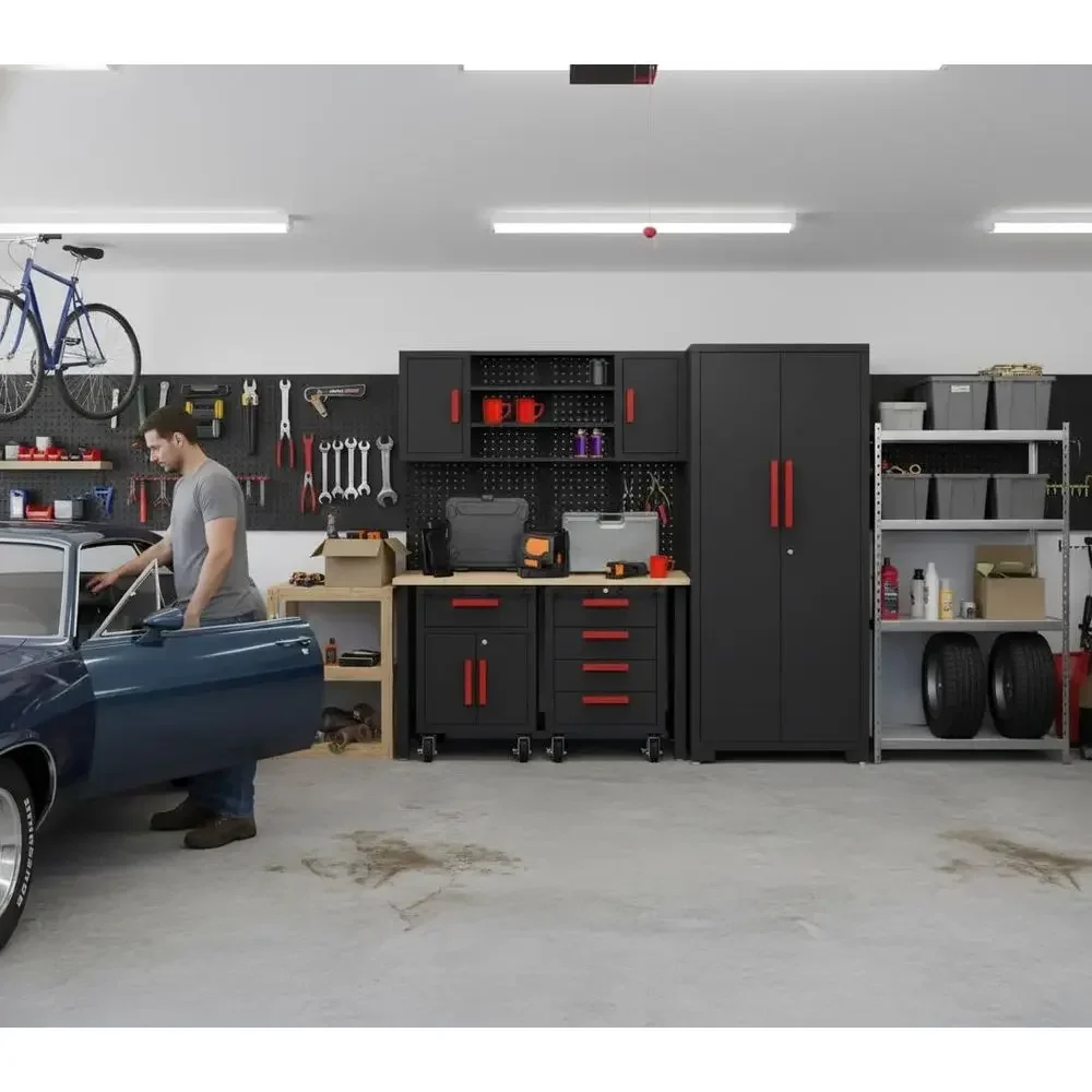 6-Piece Garage Storage System: Complete Workshop Set with Steel Cabinets, Workbench, and Tool Organization Solutions
