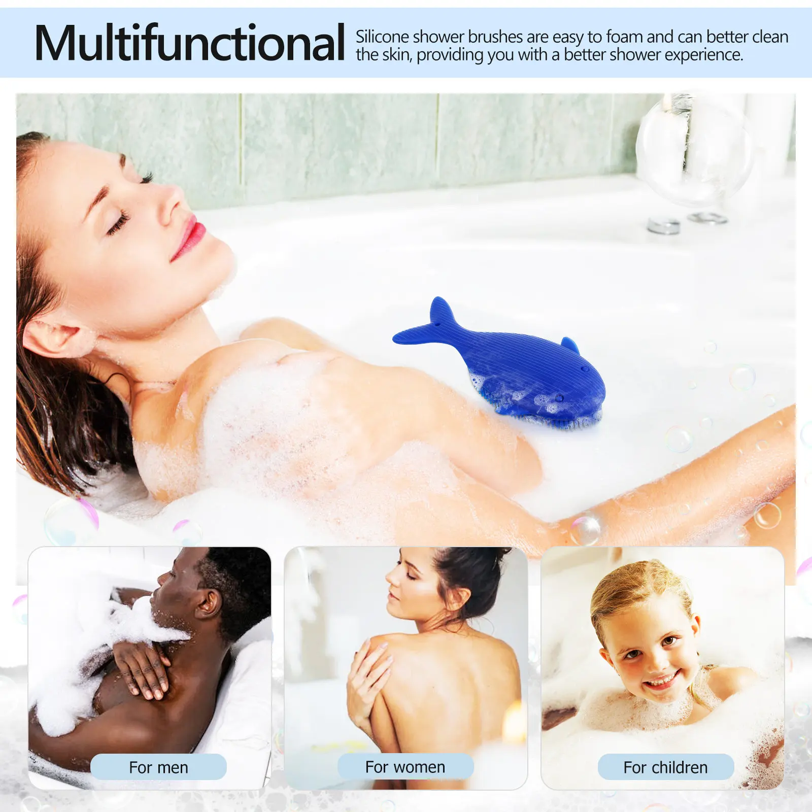 Silicone Whale Body Shower Scrubber Soft Hair Brush Dual-Purpose Bath Exfoliating Loofah for Scalp Skin Foot Massage