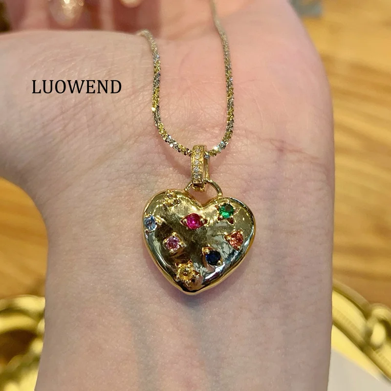 

LUOWEND 100% 18K Yellow Gold Pendant Romantic Heart Shape Natural Color Sapphire Necklace Pendant for Women High Party Jewelry