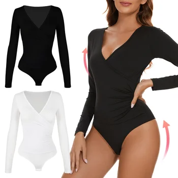 Women's Long Sleeve Shapewear Sexy Deep V  Body Shaper Ribbed Cross Tight Bodysuit Tummy Control Slimming Abdomen Corset