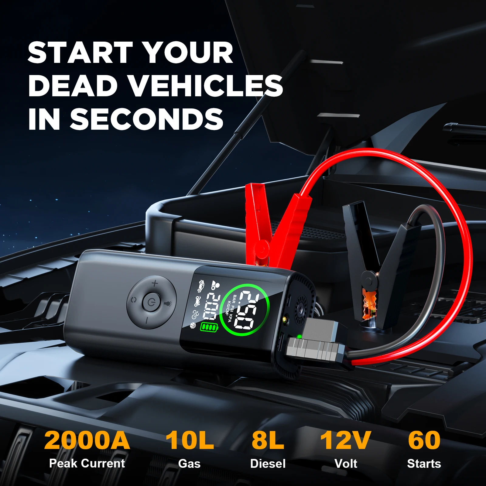 Portable Car Jump Starter 8000mAh Tire Inflator Digital Air Pump Auto Stop Power Bank LED Light for Car Motorcycle Bike