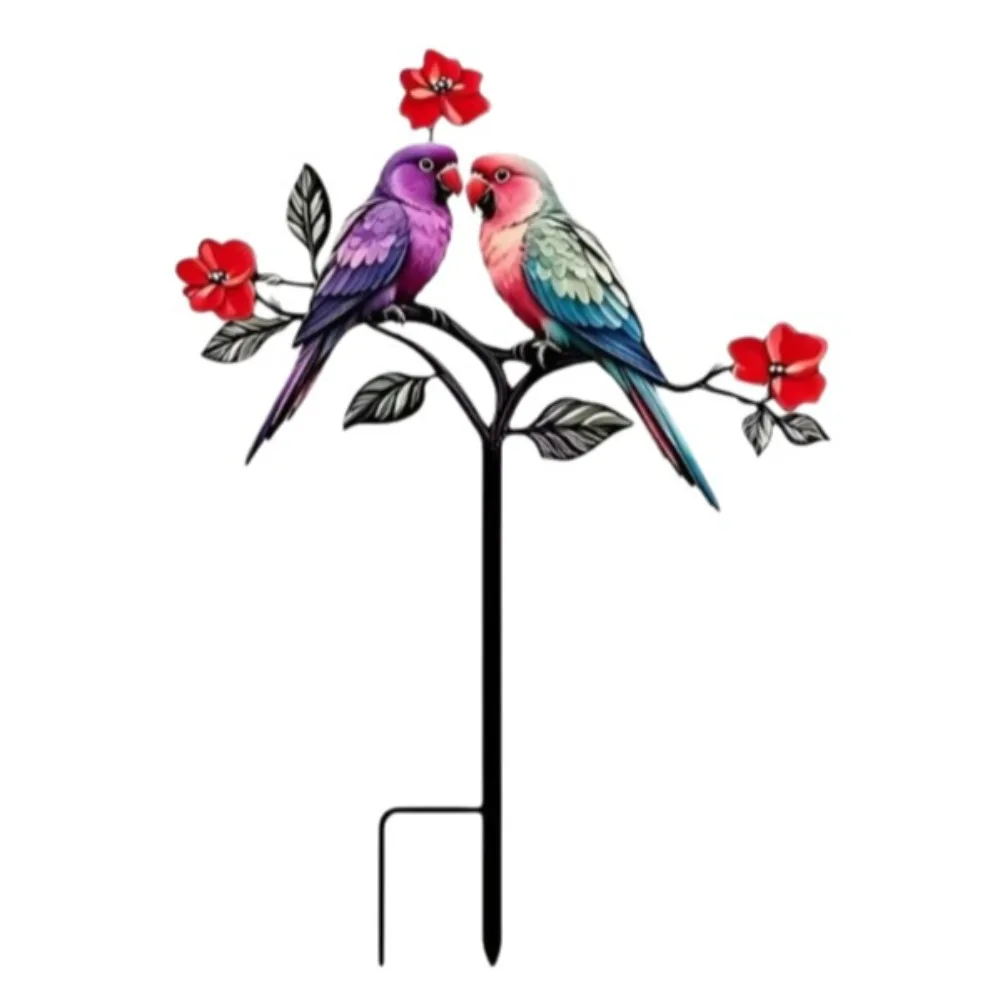 2D Flat Red Bird Garden Stake Iron Animals Pattern Metal Garden Stake Funny Handmade Flower Branch Ground Plug Home Courtyard
