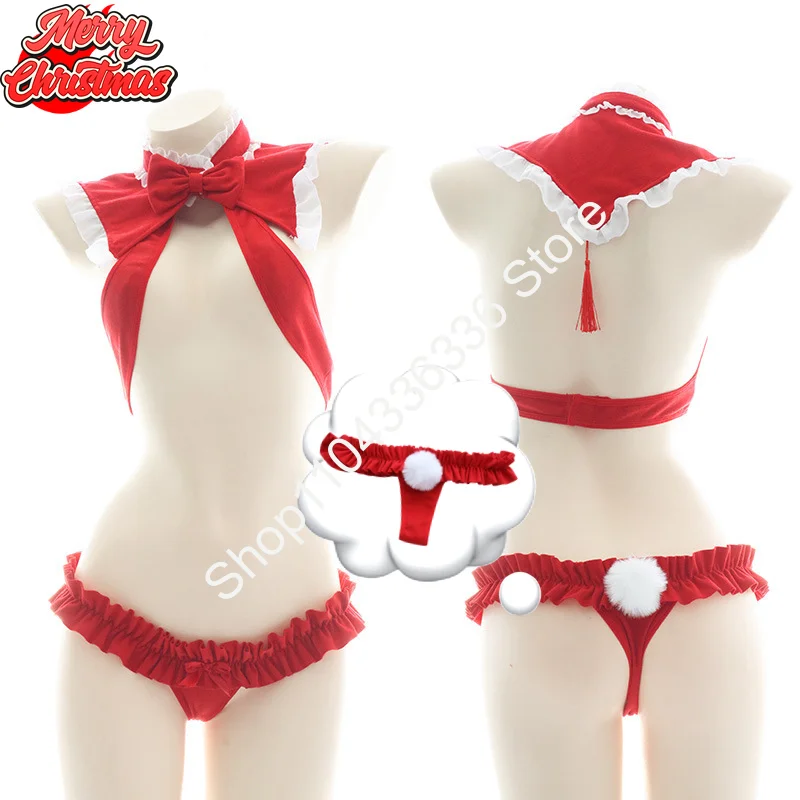 

AD Sexy Red Santa Costume Christmas Lingerie Cute Hollow Out Bikini Bowknot Underwear Pajamas Halloween Lingerie Cosplay Bra Set