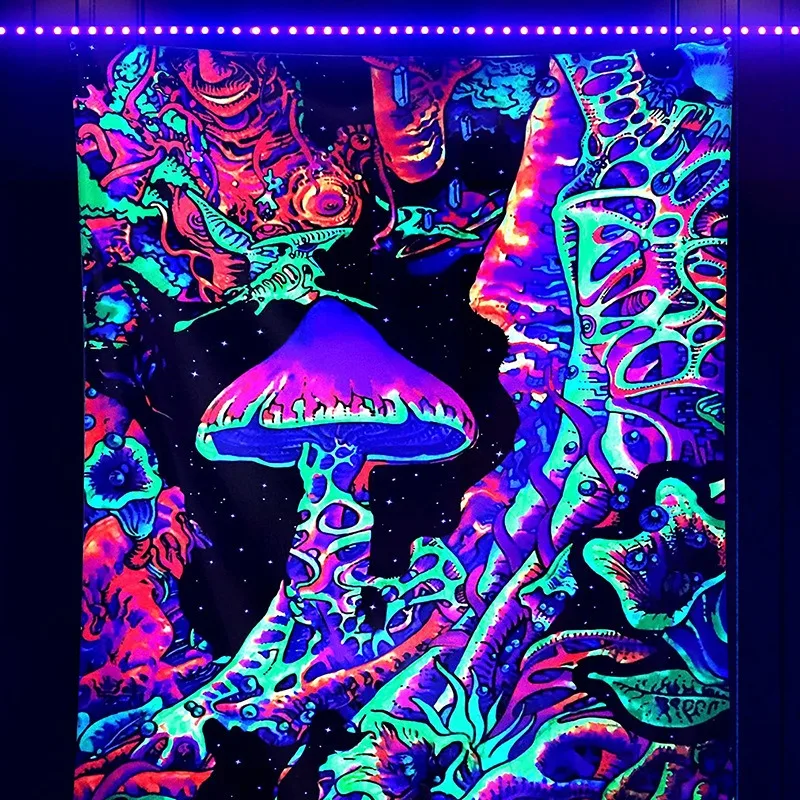 

1Pcs Fluorescent TapestryHot selling wallpaper Europe and the United States UV mushroom decorative fabric luminous