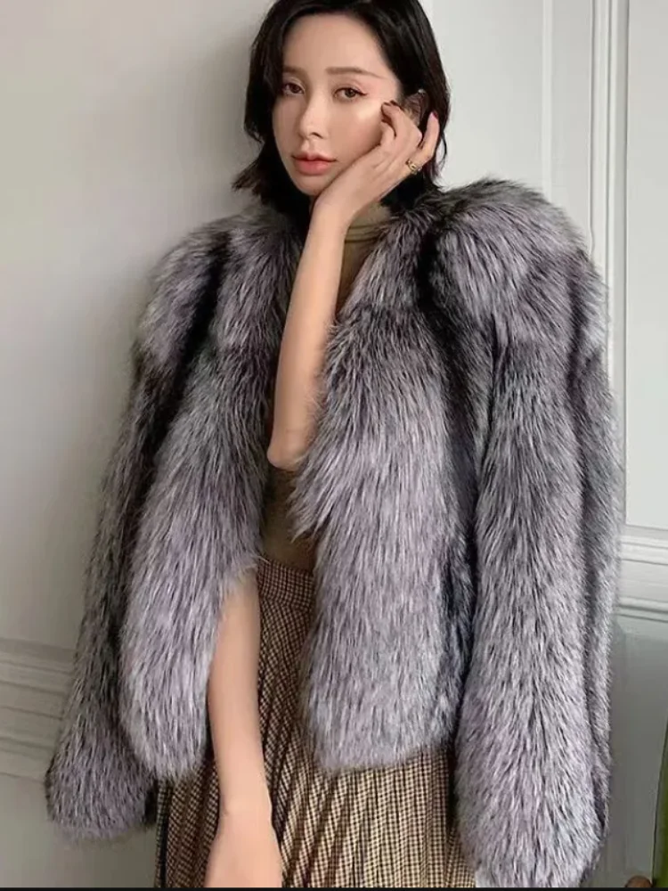 Formal Fur Jacket Women Short Overcoat Autumn Winter Loose Thick Warm Parker Coats Silver Fox Fur Luxury High-End Mao Mao Coat