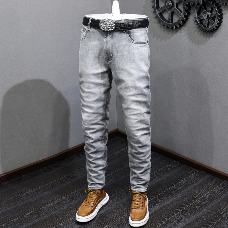 Italian Style Fashion Men Jeans Retro Gray High Quality Stretch Slim Fit Vintage Jeans Men Casual Designer Denim Pants Hombre