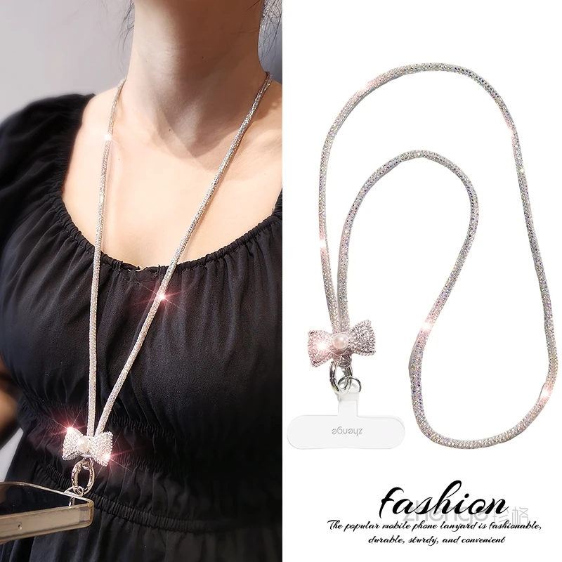 

Glam Sparkle Rhinestone Inlaid Bow Pearl Decor Phone Lanyard Thin Shiny Universal Neck & Wrist Strap