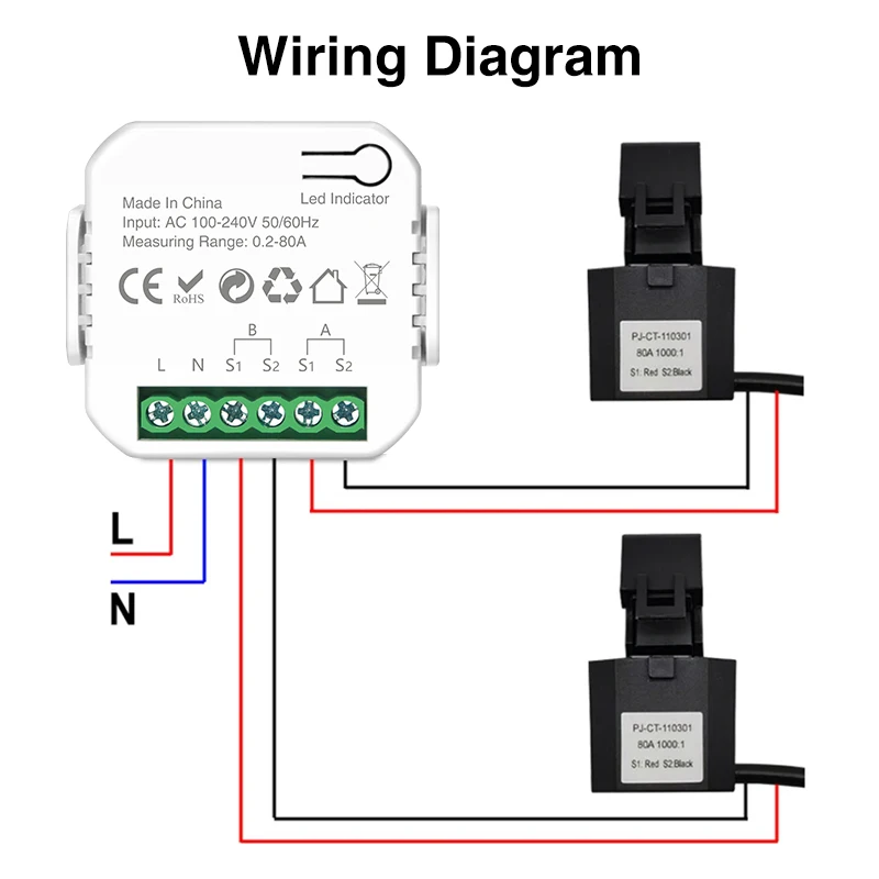 WiFi Energy Meter Bidirection 1 2 Channel With Current Transformer Clamp App Monitor Power 80A 110V/240V 50/60Hz