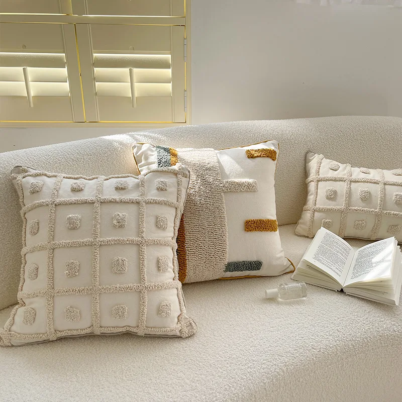 Throw Cushion Cover Modern Grid Simple Embroidery Hotel Living Room Sofa Bedroom Comfortable Pillow Case Cover