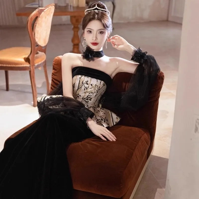 Vestido largo de fiesta de terciopelo Vintage para mujer, vestido largo de fiesta de noche negro, apliques expuestos elegantes, vestidos para ocasiones formales de sirena