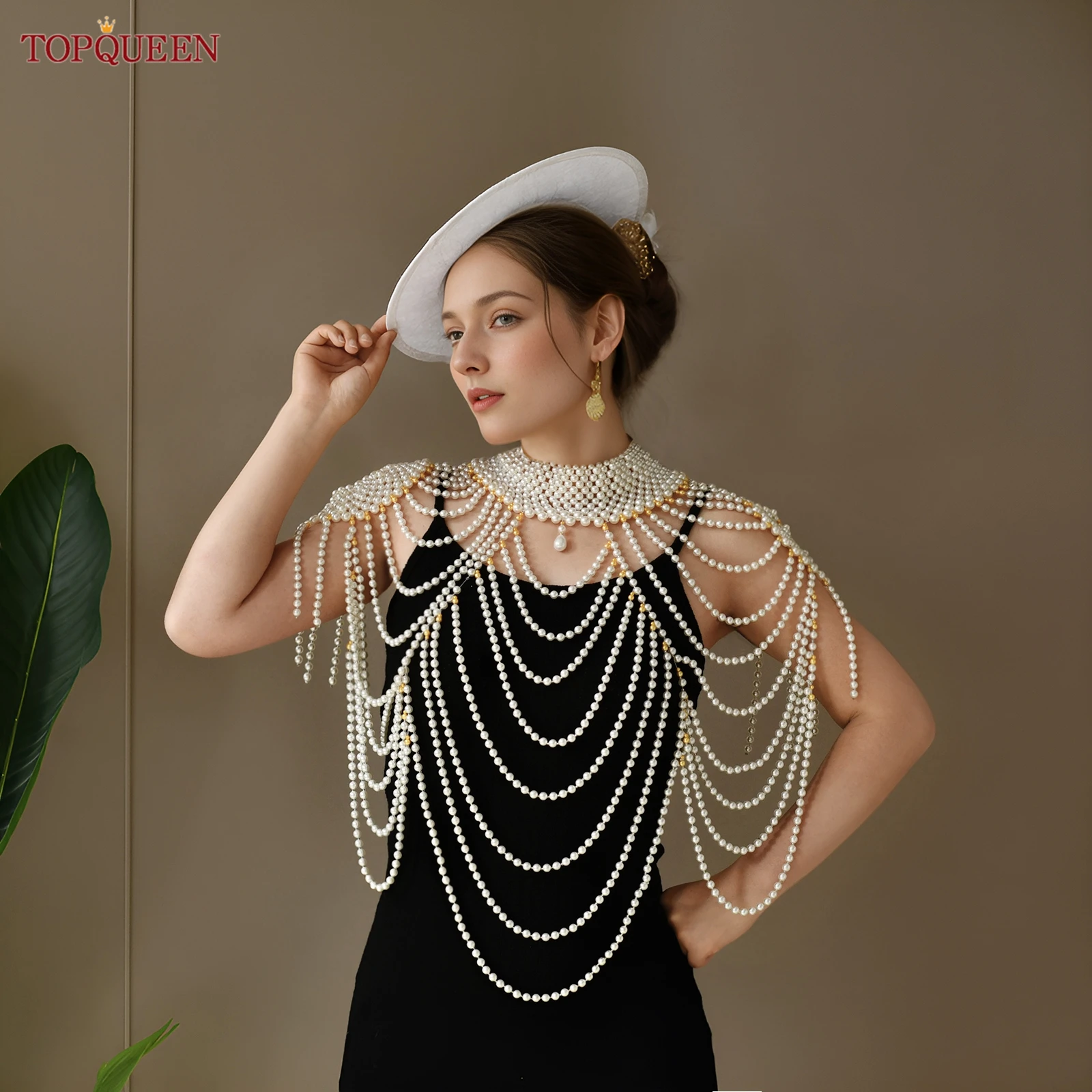 

TOPQUEEN Vg66 Luxury Women'S Pearl Shawl Necklace Body Chain Sexy Diy Beaded Decorative Necklace Female Retro Customizable
