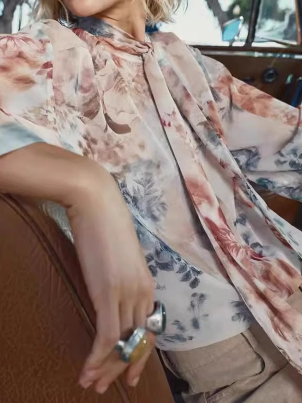 

Autumn Winter New Arrival Casual Floral Print irt Women's Loose Fit Long Sve Button down Knot Design Premium Q...