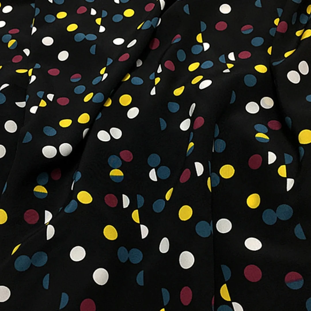 1 meter 100% Mulberry Silk 16 momme Crepe Silk Fabric Black with Colorful Dots Printed 138cm 54