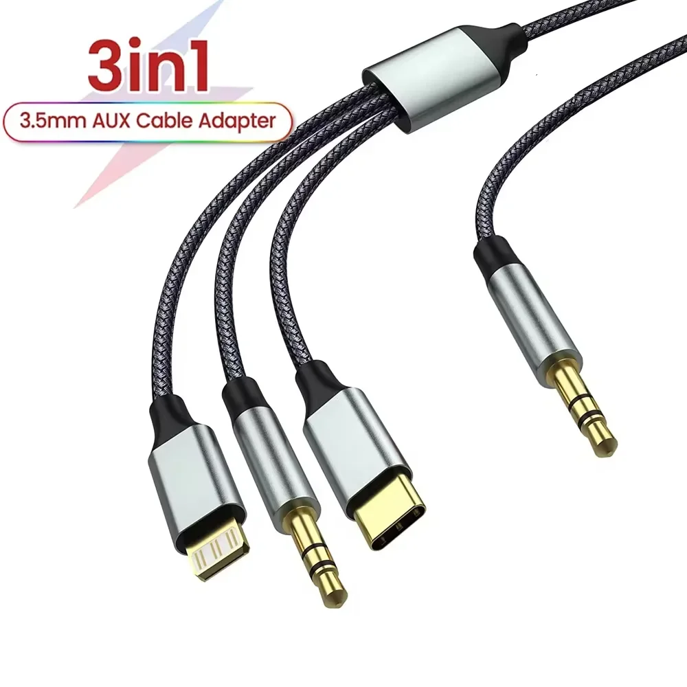 3 in 1 Aux Audio Cable USB Type C/Lightning to 3.5mm jack Aux Cable For Phones Car Speaker Male to Male USB-C Converter Cable