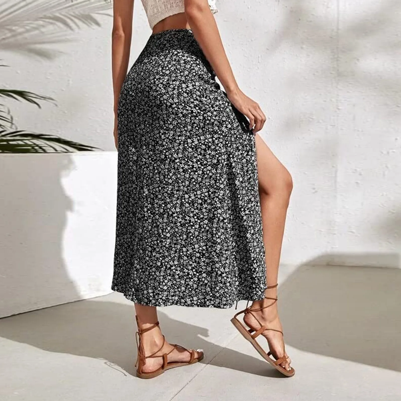 Ladies High-Waisted Floral Split Skirt Elegant Fashion Beautiful Skirt Loose Casual Skirt Summer Simple Matching MIDI Skirt