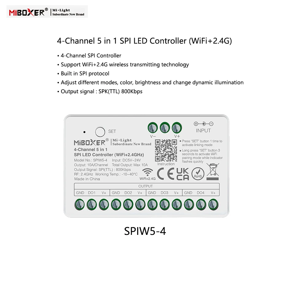 Miboxer SPIW5-4 5in1 SPI LED Controller WiFi+2.4GRF RGB RGBWIC 4-Channel Signal Amplifier For WS2811 WS2812B LED Pixel Strip