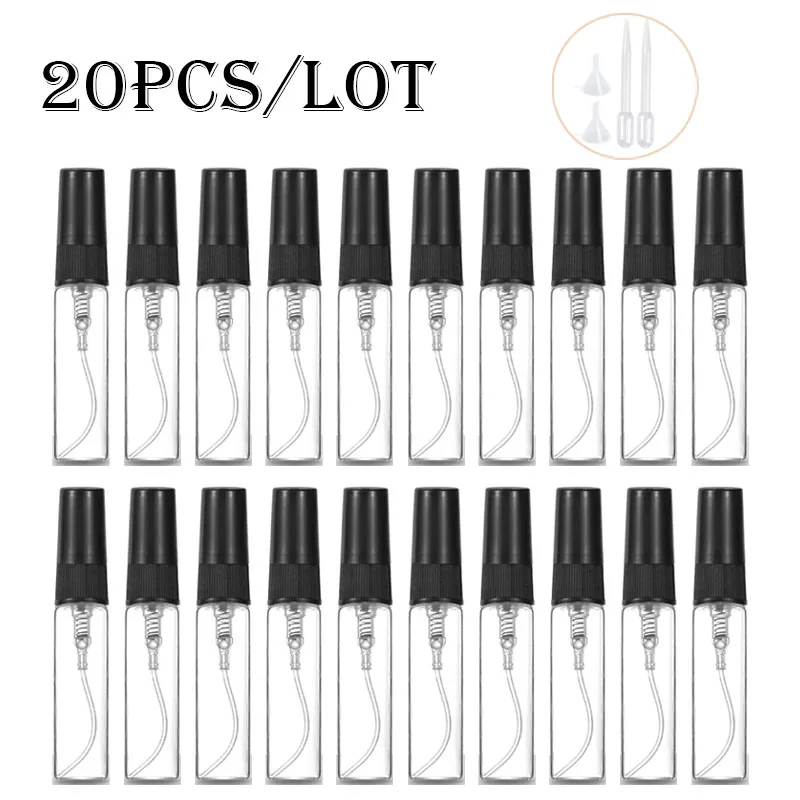 20pcs/Pack 2ml 3ml 5ml 10ml Mist Spray Bottle Clear Mini Perfume Glass Bottle Empty Cosmetics Bottle Free 2 Funnels 2 Droppers