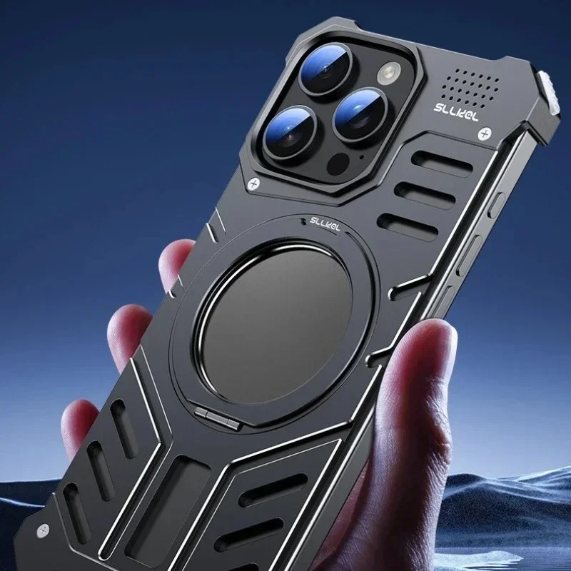 

for iPhone 16 15 14 13 New Arrival Metal Simple and Creative Anti-fall Phone Case with Full Cooling Bracket and Protective Cover