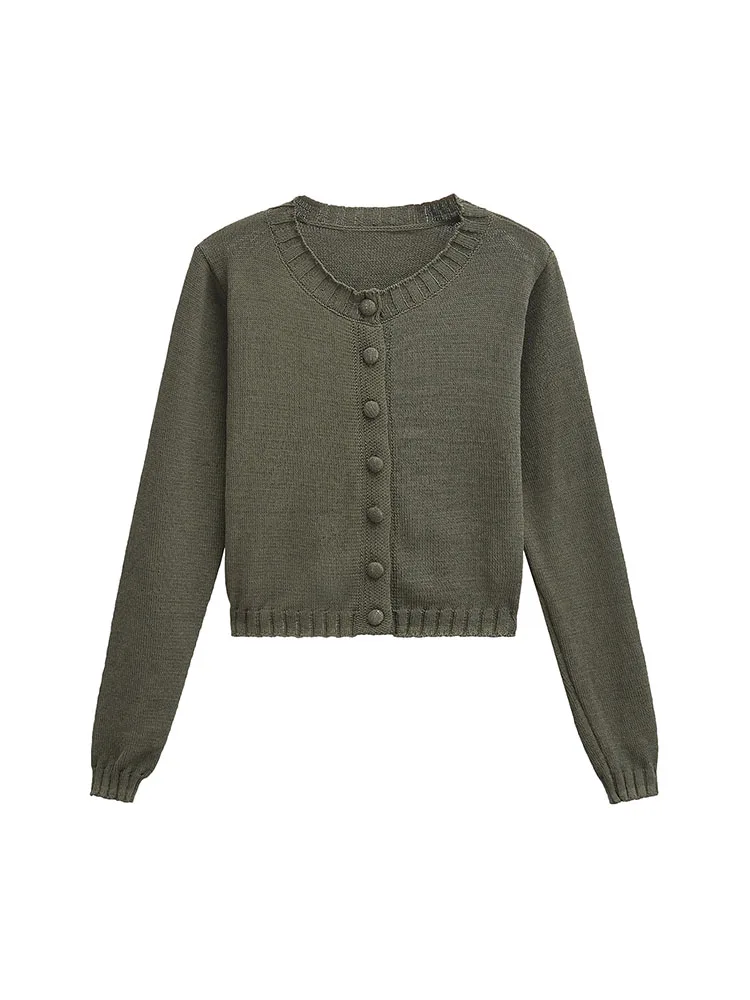 

European and American style women's clothing new style solid color round neck simple long sleeve cardigan loose knitted jacket