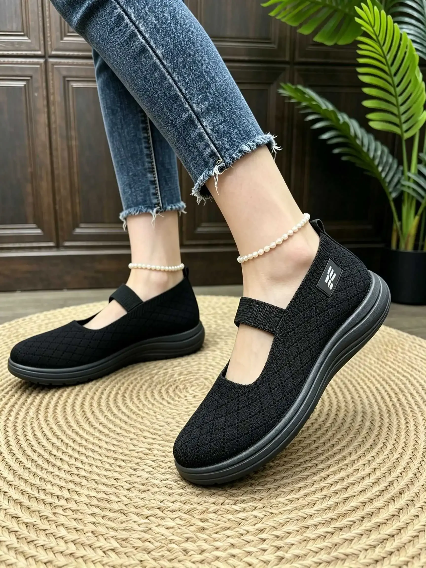 Damen Herbst Mary Jane Plateau-Flats aus Strick-Mesh, atmungsaktiv, mit elastischem Riemen, weich, rutschfest, leicht, für den täglichen Gebrauch. – Detail 4