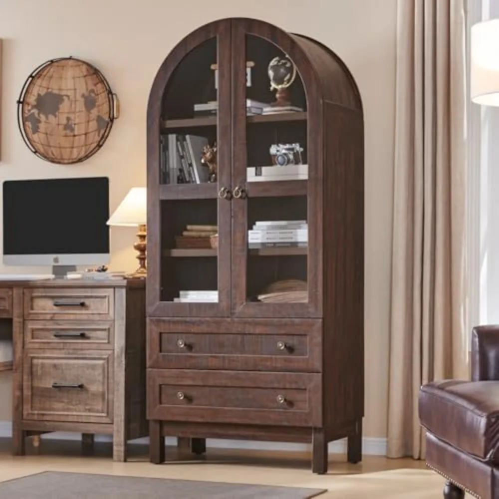 

71" Tall Arched Bookshelf, 4-Tier Bookcase with Glass Doors and Shelves, Wooden Display Cabinet w/2 Large Storage Drawers