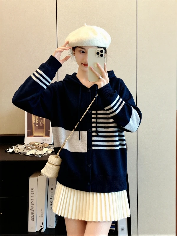 

Вязаный кардиган свободного кроя с длинными рукавами для женщин больших размеров, осенне-зимняя новинка, с капюшоном, на молнии, стройнящий топ