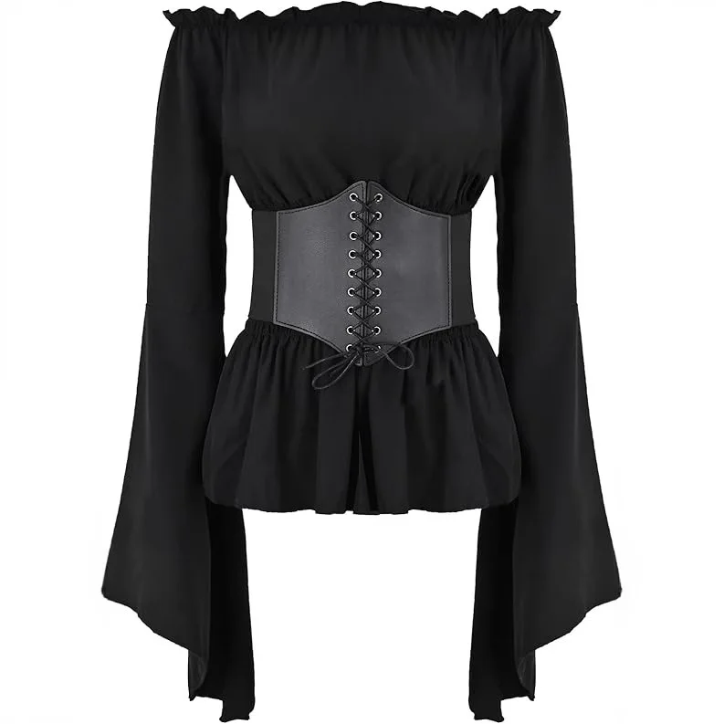 Women's Pirate Costume Renaissance Blouse Top Belt Stripe Skirt Headscarf Playsuit Jumpsuit Overall