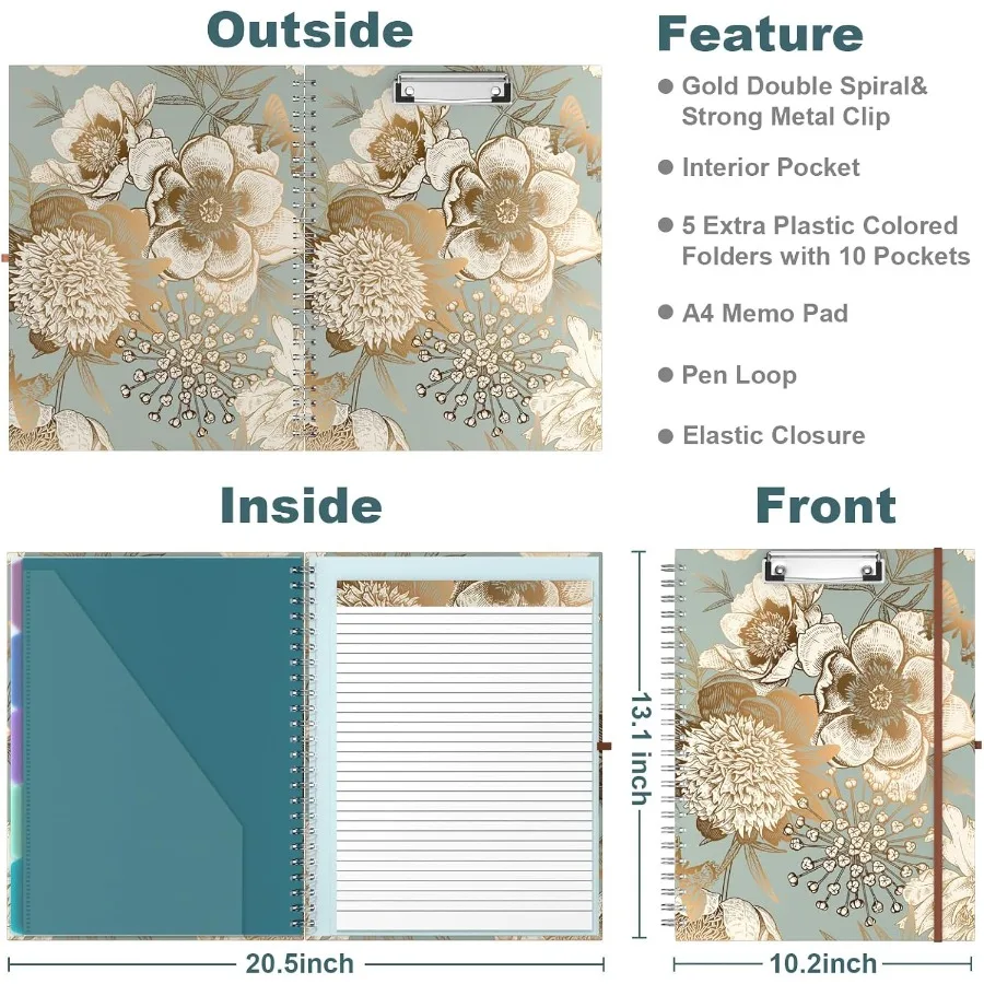 حافظة فوليو مع مفكرة مبطنة قابلة لإعادة الملء 8.5 × 11 مجلدًا مع مساحة تخزين 10 جيوب محفظة حلزونية مقاس 12.8 × 9.7 مثالية