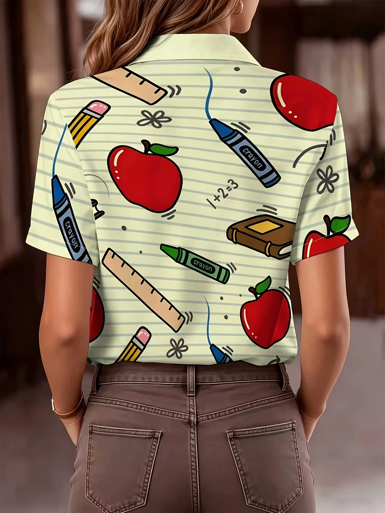 Damen-Langarmshirt mit Cartoon-Apfel- und Schreibwaren-Print, lässig, normale Passform, bequem, vielseitig, für Pendler, für den täglichen Gebrauch – Detail 9