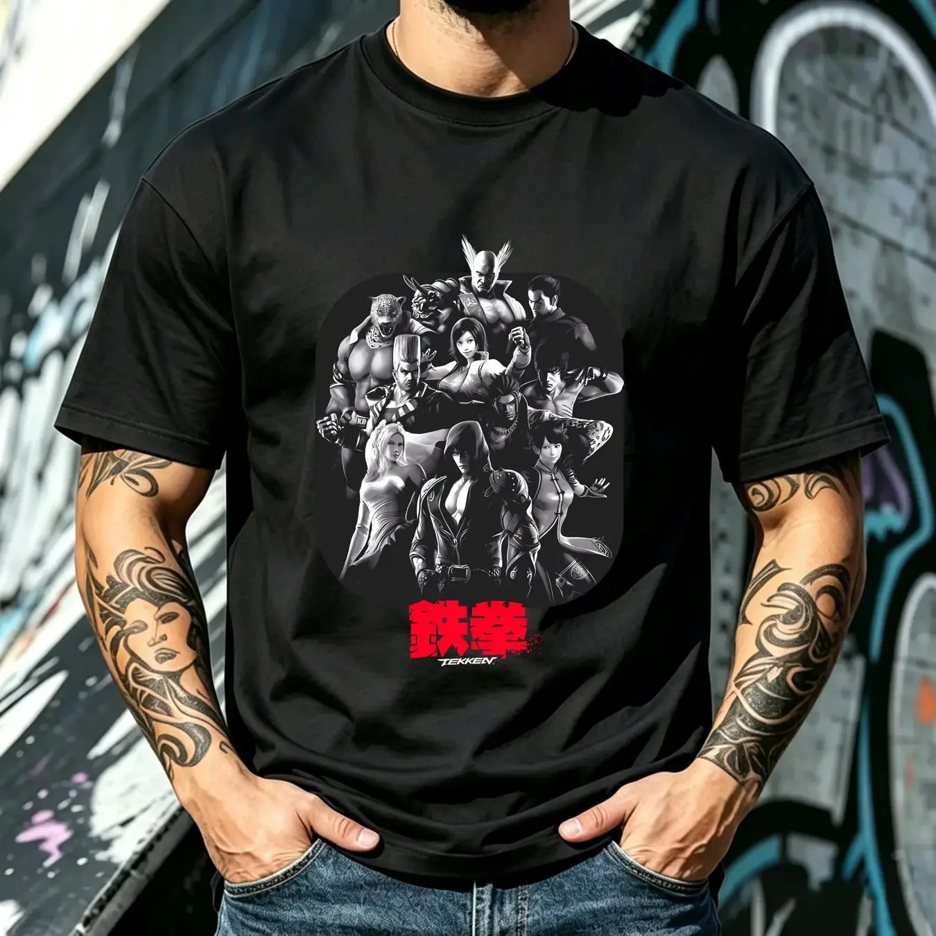 washed T Shirt Tekken Group Pose Black vintage Washed Stylish Breathable fashion Stretched Unisex Versatile streetwear homme
