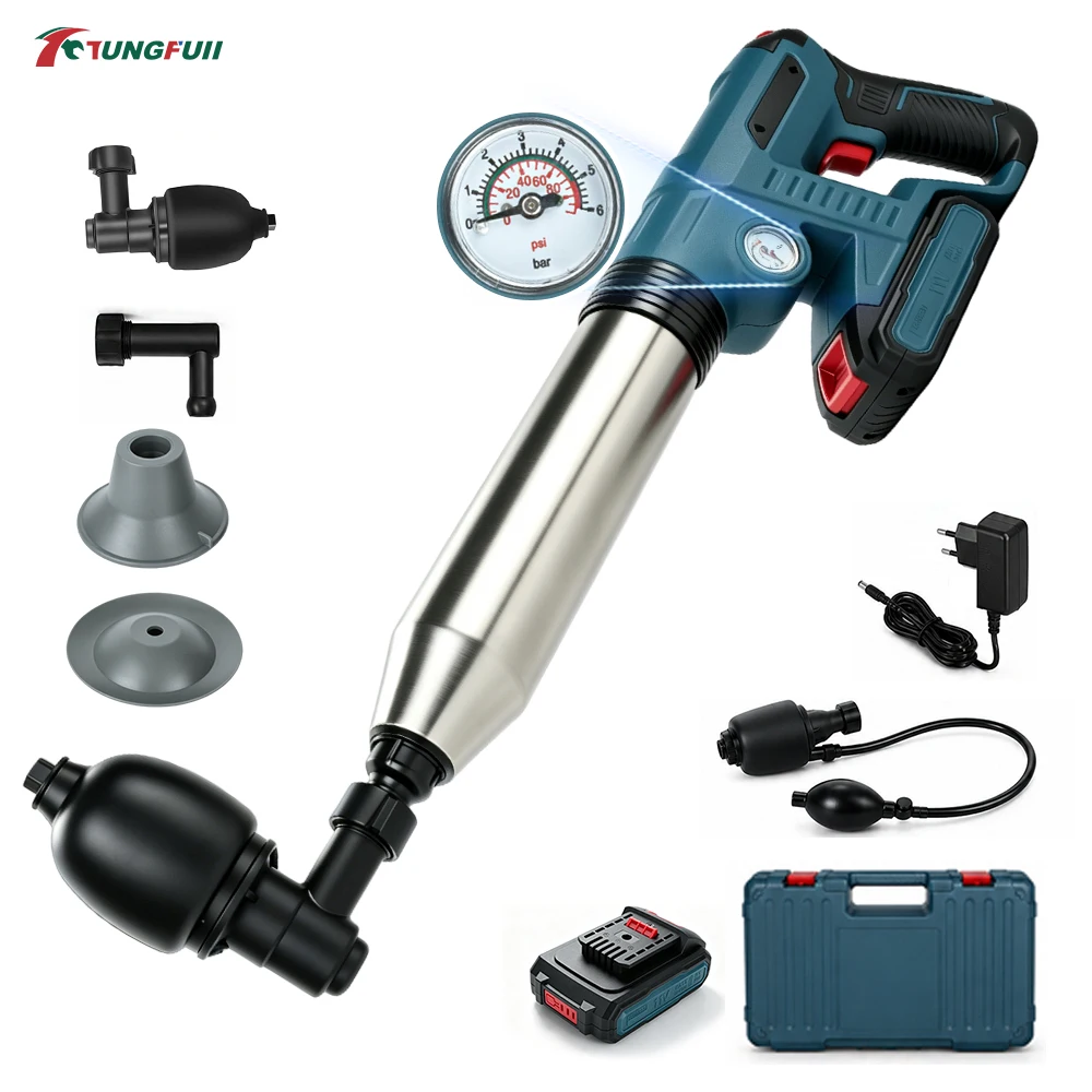 Pistola per la pulizia degli scarichi senza fili con manometro, kit sbloccante per WC alimentato a batteria ricaricabile per intasamenti di lavelli, vasche da bagno e tubi, con ugelli multipli e