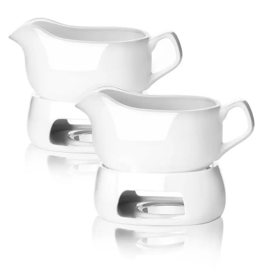 

Large 20 Oz Gravy Boat with Warmer, White Fine Porcelain Saucier with Big Dripless Lip Spout, Gravy Bowl for Thanksgiving, Warmi