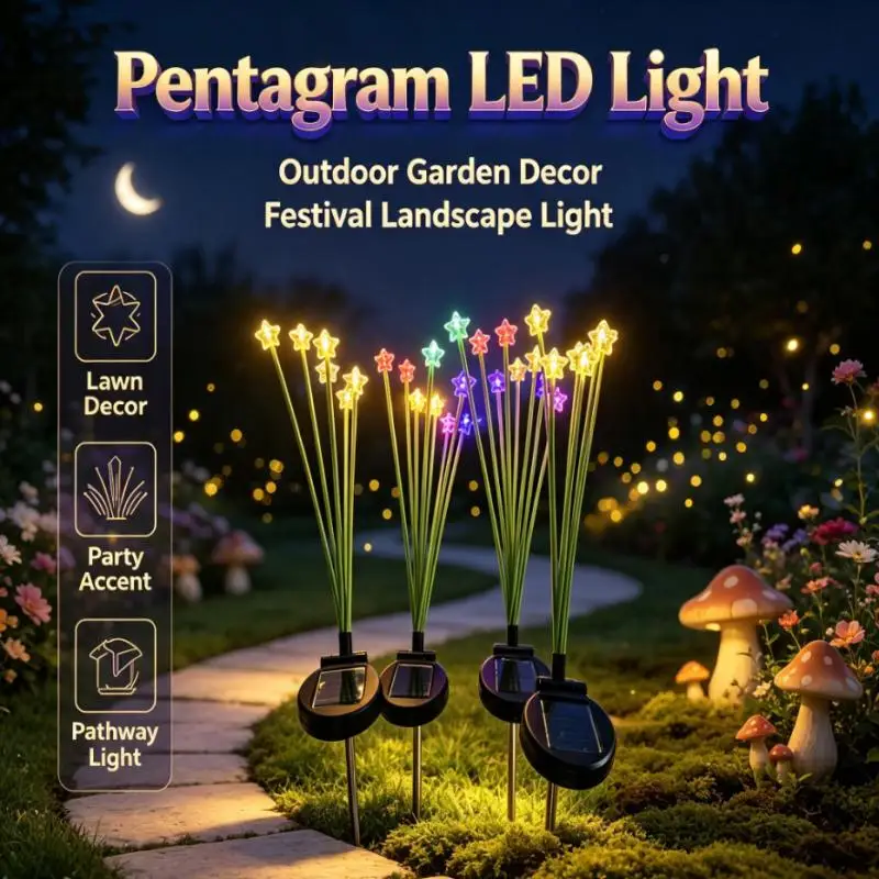 Solar Star Stake Lights LED Pentagram Garden Lamp Waterproof Outdoor Yard Lawn Pathway Party Wedding Landscape Decor